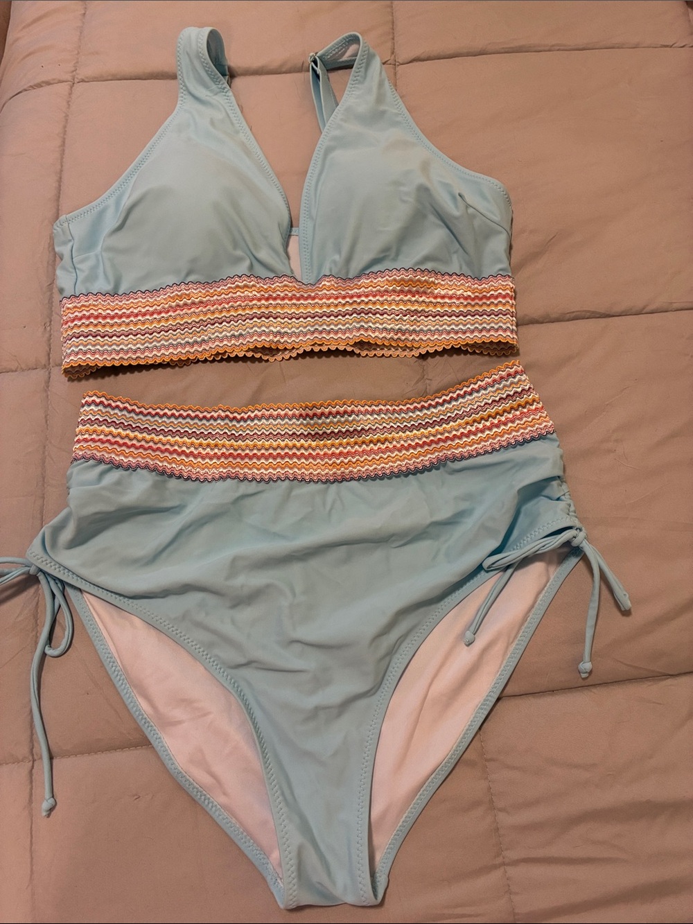 Light Blue Ladies Two-Piece Swimsuit with Multicolor Smocked Waistband